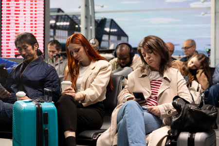 Using mobile phone, delayed flight and multiethnic men with women in airport texting about arriving late. Checking flight schedule status, smartphone and international travelers