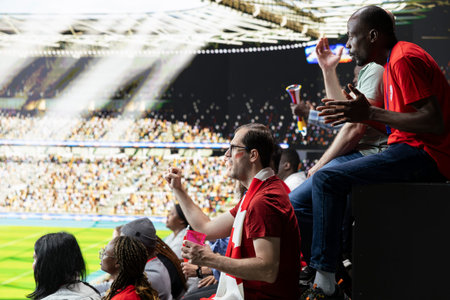 Wide stadium view of red team football supporters reacting during live match, fan horns, scarves and mixed crowd emotions. Crowd reactions and fan chants, authentic football culture.