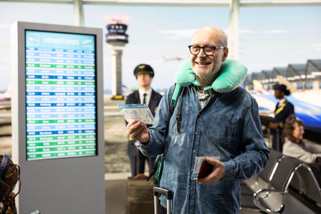 Senior solo traveler with travel pillow holding boarding pass in airport terminal, ready for flight departure. Active older adult representing optimistic lifestyle, wanderlust in his later life.