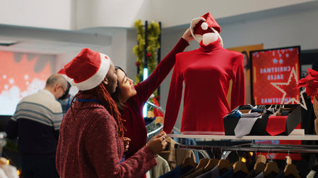 African American retail assistant wearing Santa hat helping Asian client browsing through festive clothing in Christmas shopping store during winter holiday season, employee assisting customer