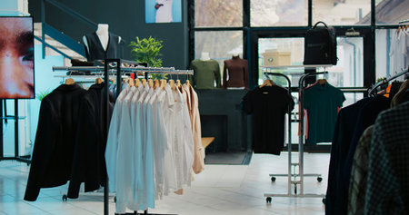 Tailoring boutique filled with new designer clothing line, racks hangers with trendy merchandise and cool accessories or shoes, empty clothing store with stylish outerwear, small business.
