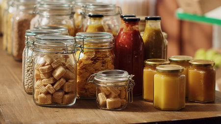 Close-up on bulk food items in reusable glass jars used by environmentally friendly supermarket to lower climate impact, local shop pantry staples in biodegradable nonpolluting packaging, panning.