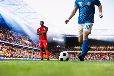 Blue soccer player kicking ball and shooting free kick toward goal net, ball impact on action shot for attempt on target. Focus on scoring goal, creating low-angle match action scene on pitch.