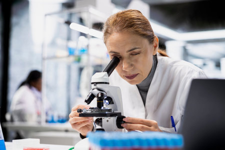 Pharmaceutical scientist inspecting new drug compound under microscope for consistency. Middle aged laboratory employee verifying medication quality and purity standards
