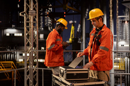 Skilled offshore employee monitoring oil rig platform operation using laptop, ensuring efficient industrial activity to facilitate natural gas and petroleum extraction. Pumping fossil fuels.