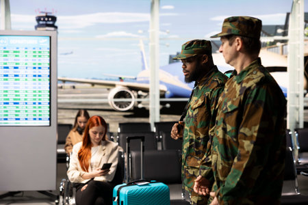 Army soldiers in airport walking between seating benches with plane runway and control tower visible on window. Military officers wearing uniform going to boarding gate to do checkin