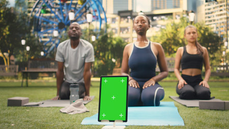 Vertical green screen, tablet and yoga as editable display stands on mat before adults kneeling upright in park. Wellness content, tablet mockup and screen replacement suit fitness promotion outdoors.