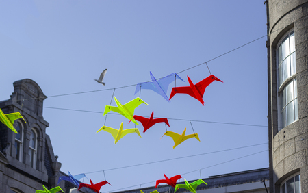 Colourful plastic birds against the blue sky, Aberdeen, Scotlandの写真素材