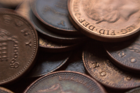 Pile of British 1 pence coinsの写真素材