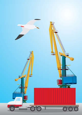 Truck picking up a container in the portのイラスト素材