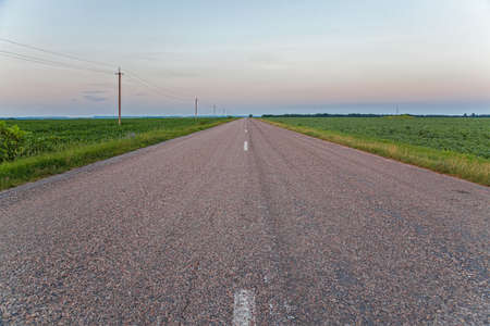 Road in the field at summer sunsetの写真素材