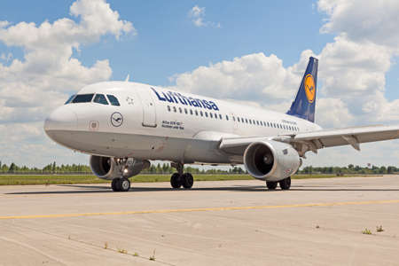 Boryspil (UKBB/KBP) Airport, Ukraine - July 5, 2014. Lufthansa Airbus A319 taxiing to the gate after landing. のeditorial素材