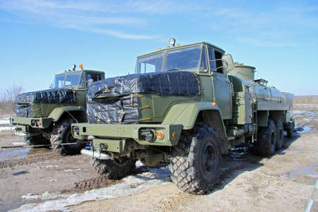 Army fuel trucks in the field depot