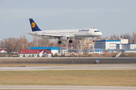 Boryspil, Ukraine - November 13, 2010: Lufthansa Airbus A321 on final approach landing on the runway