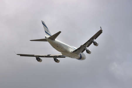 Borispol, Ukraine - October 2, 2011: El Al Israeli Airlines B747 is taking off into the stormy sky