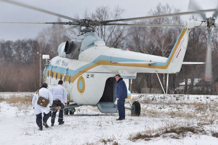 Nezhin, Ukraine - January 14, 2011: Ukrainian Ministry of Emergency Situations Mi-8 helicopter during a medevac trainingのeditorial素材