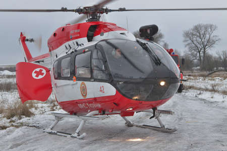 Nezhin, Ukraine - January 14, 2011: Ukrainian Ministry of Emergency Situations Eurocopter EC145 (BK-117) rescue helicopterのeditorial素材