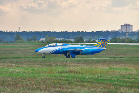 Gostomel, Ukraine - October 3, 2010: Aero L-29 Delfin taxiing to the parking after landingのeditorial素材