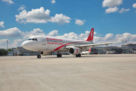 Borispol, Ukraine - July 5, 2014: Air Arabia Airbus A320 taxiing along the apron to the runwayのeditorial素材
