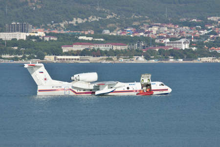 Gelendzhik, Russia - September 8, 2010: Beriev Be-200 rescue and firefighter sea plane during training on water surfaceのeditorial素材