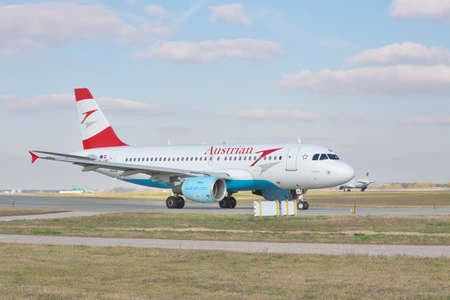 Borispol, Ukraine - October 23, 2011: Austrian Airways Airbus A320 is taxiing to the runwayのeditorial素材
