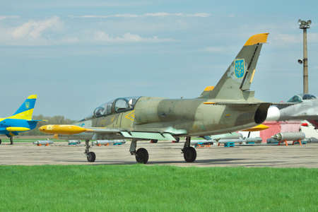 Vasilkov, Ukraine - April 24, 2012: Ukrainian Air Force Aero L-39 Albatros jet trainer taxiing along the apron to the runwayのeditorial素材