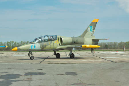 Vasilkov, Ukraine - April 24, 2012: Ukrainian Air Force Aero L-39 Albatros jet trainer taxiing along the apron to the runwayのeditorial素材