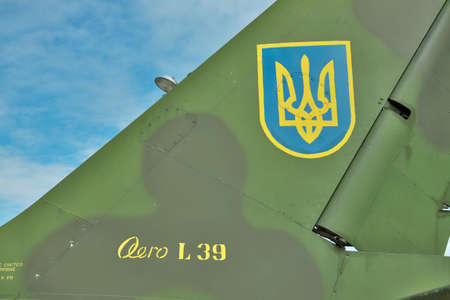 Vasilkov, Ukraine - June 19, 2010: Ukrainian Air Force signs on the tail fin of a training aircraft Aero L-39 Albatrosのeditorial素材