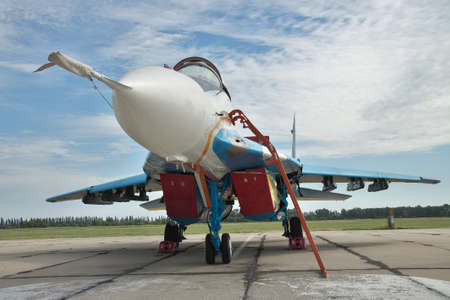 Vasilkov, Ukraine - June 19, 2010: Ukrainian Air Force MiG-29 fighter plane on the airbase preparing for a training flightのeditorial素材