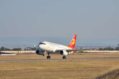 Simferopol, Ukraine - September 12, 2010: Capital Airlines Airbus A319 is taking off from the airportのeditorial素材