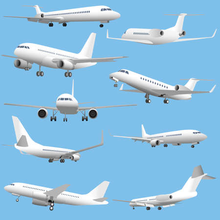 Set of simple detailed passenger planes and business jets.のイラスト素材