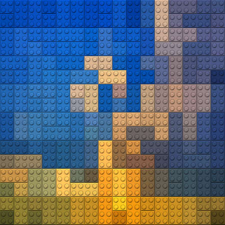 Plastic construction bricks background in blue and yellow colorsの写真素材