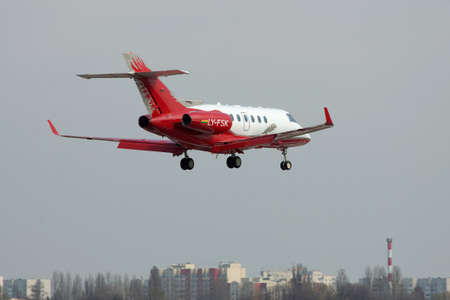 Kiev, Ukraine - April 14, 2012: Hawker 900XP Business Jet is landing in the city