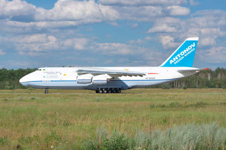 Kiev Region, Ukraine - July 20, 2012: Antonov Design Bureau An-124 Ruslan cargo plane is taking off for another cargo delivery flightのeditorial素材
