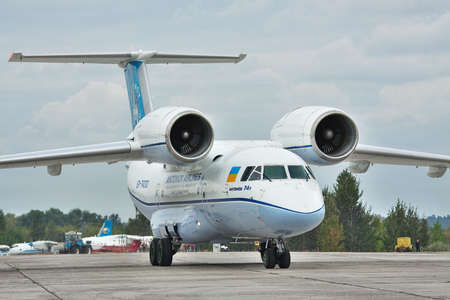 Kiev Region, Ukraine - October 2, 2010: Antonov An-74 cargo plane parked on the apron after a flightのeditorial素材