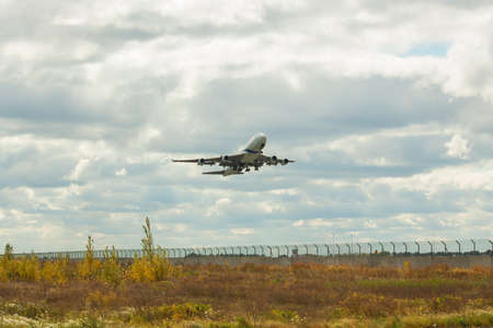 Borispol, Ukraine - October 2, 2011: El Al Boeing 747 passenger plane is taking off on a cloudy day from the airportのeditorial素材