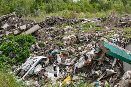 Illegal garbage dumping outside near the forest in summerの写真素材