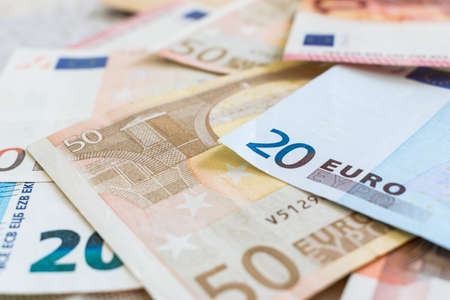 Euro currency macro closeup background with 5, 10, 20 and 50 notes