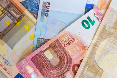 Euro currency macro closeup background with 5, 10, 20 and 50 notesの写真素材