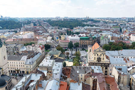 Lviv, Ukraine - August 23, 2018: Landmarks in the center of Lviv - old city in the Western part of Ukraine. View from the City Hall Tower.のeditorial素材