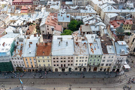 Lviv, Ukraine - August 23, 2018: Landmarks in the center of Lviv - old city in the Western part of Ukraine. View from the City Hall Tower.のeditorial素材