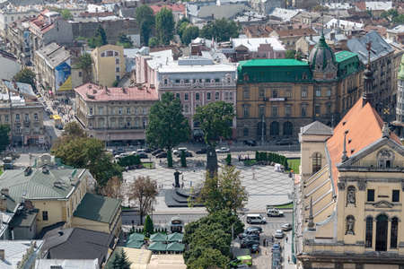 Lviv, Ukraine - August 23, 2018: Landmarks in the center of Lviv - old city in the Western part of Ukraine. View from the City Hall Tower.のeditorial素材