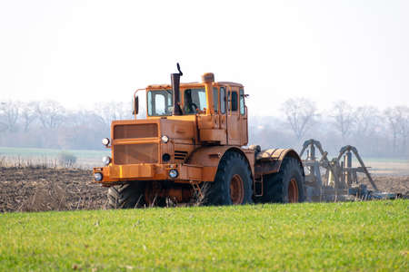 Tractor cultivating the field on the autumn day