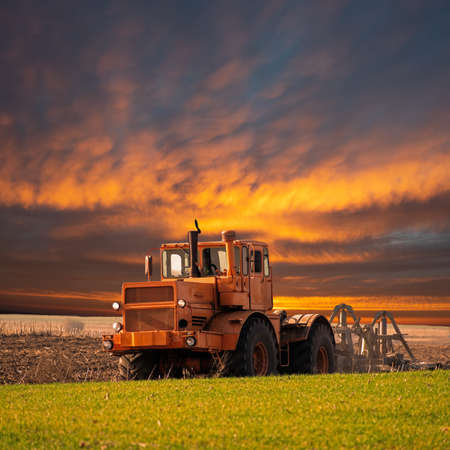 Tractor cultivating the field on the sunriseの写真素材