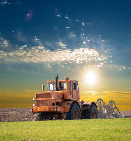 Tractor cultivating the field on the sunny dayの写真素材