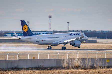 Kyiv, Ukraine - March 17, 2019: Lufthansa Airbus A320 on short final landing in the airport