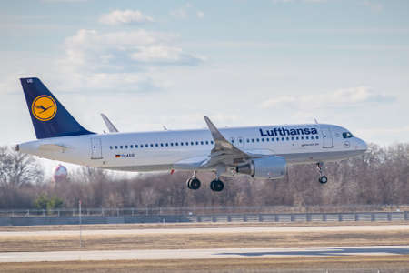 Kyiv, Ukraine - March 17, 2019: Lufthansa Airbus A320 on short final landing in the airport