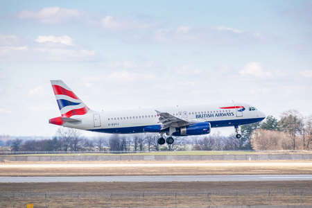 Kyiv, Ukraine - March 17, 2019: British Airways Airbus A320 on short final landing in the airportのeditorial素材