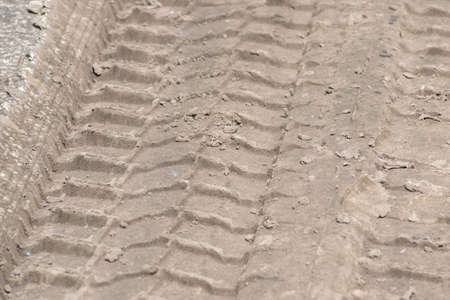 Track of a heavy truck tire on the wet ground surfaceの写真素材