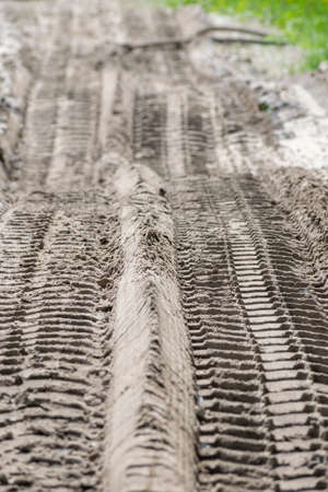 Track of a heavy truck tire on the wet ground surfaceの写真素材